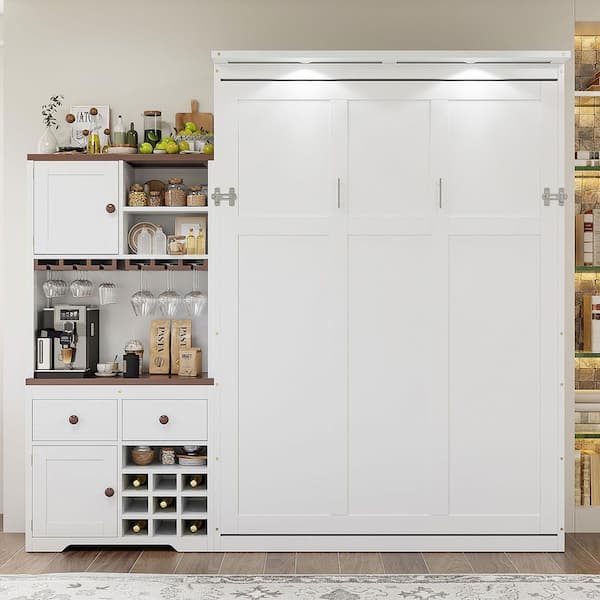 White Wood Frame Queen Size Murphy Bed with Cabinet, Shelves, 2 Drawers, Wine Rack, Glass Holder and LED