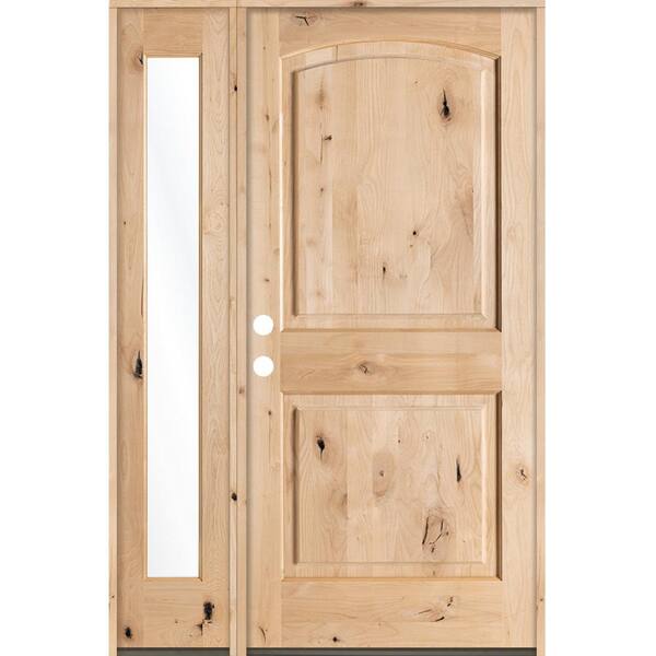 Krosswood Doors 44 in. x 80 in. Rustic Unfinished Knotty Alder Arch-Top Right-Hand Left Full Sidelite Clear Glass Prehung Front Door
