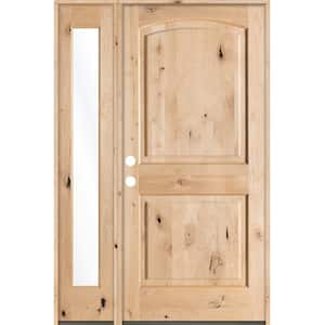 50 in. x 80 in. Rustic Unfinished Knotty Alder Arch-Top Right-Hand Left Full Sidelite Clear Glass Prehung Front Door