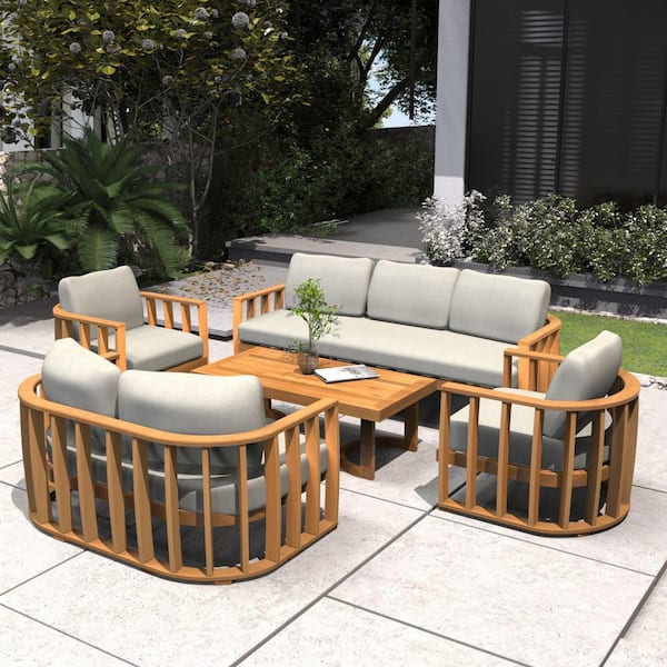 Frame Natural 5-Piece Acacia Wood Patio Conversation Sofa Set with Beige Cushions