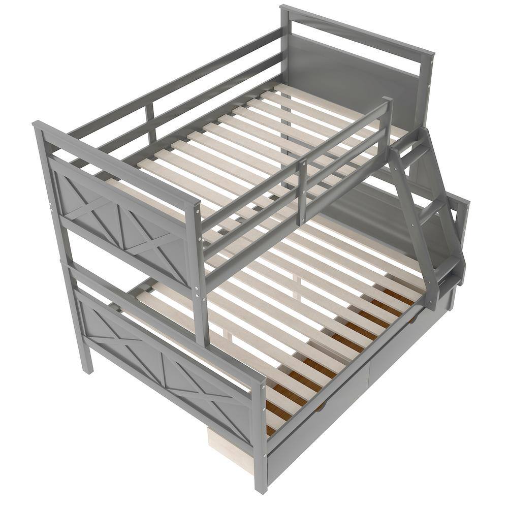 Gray Twin Over Full Pine Wood Bunk Bed with Storage Drawers