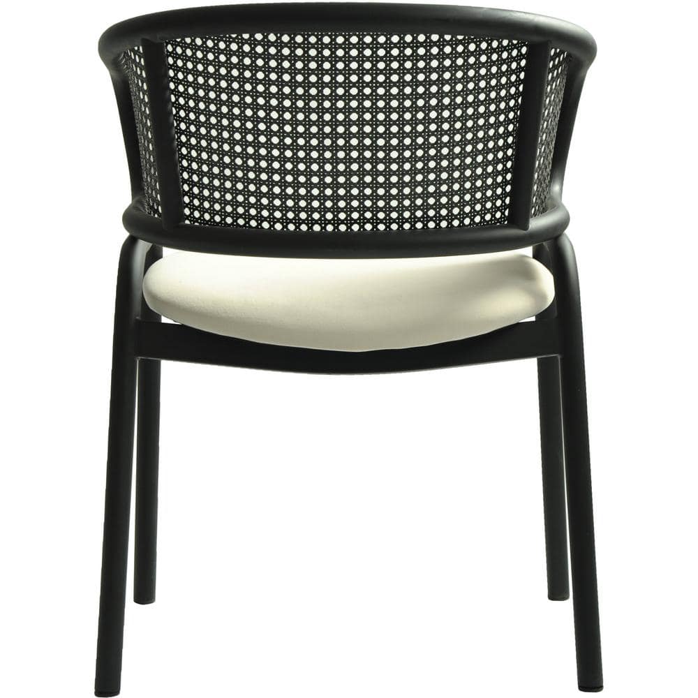 Modern Black Metal and Cane Arm Chair with Beige Upholstered Seat