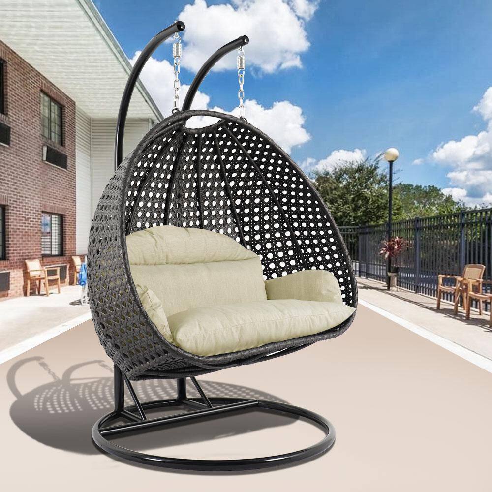 Charcoal Wicker Double Egg Hanging Chair with Taupe Cushions