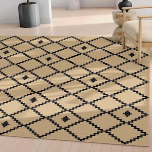 Black 5 ft. x 7 ft. Flat-Weave Well-Jute Printed Akita Moroccan Lattice Area Rug