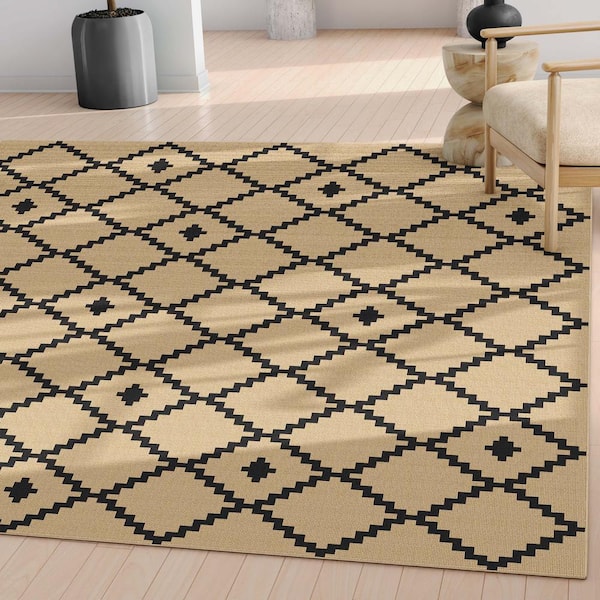 Black 7 ft. 10 in. x 9 ft. 10 in. Flat-Weave Well-Jute Printed Akita Moroccan Lattice Area Rug