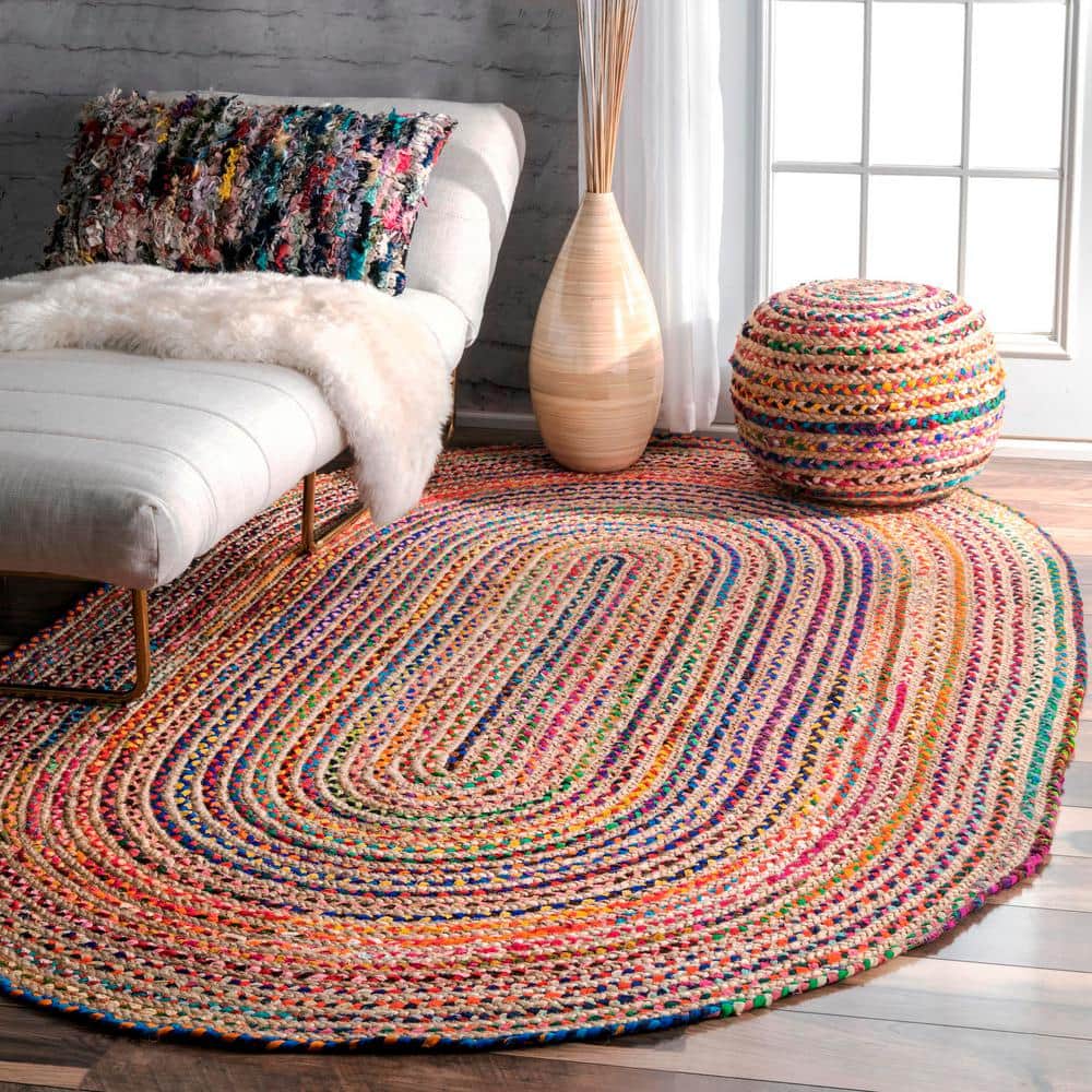 Handmade Multicolor Braided Cotton Oval Area Rug, 7' x 9'