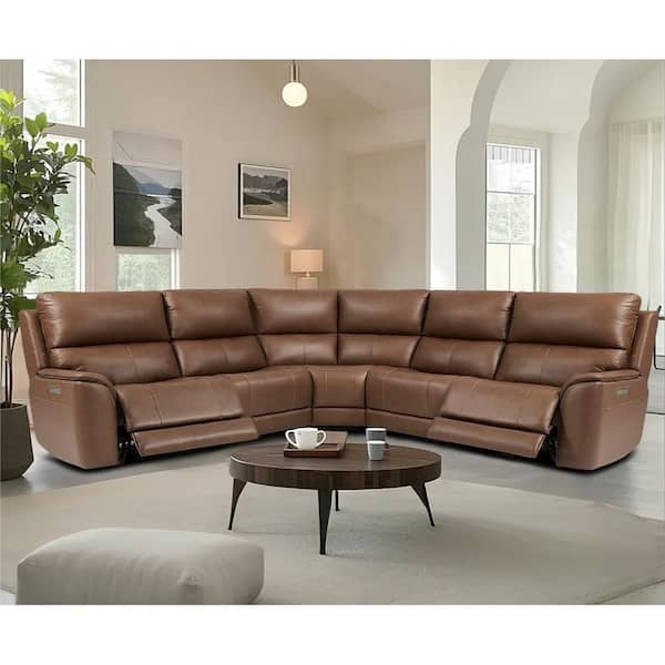 Theodore 123 in. 5 Seats Genuine Leather Power Reclining Double Width Sectional Sofa in. Light Brown
