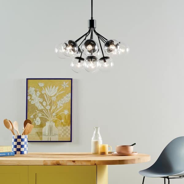 KICHLER Silvarious 30 in. 12-Light Black Modern Clear Glass Shaded Convertible Chandelier for Dining Room