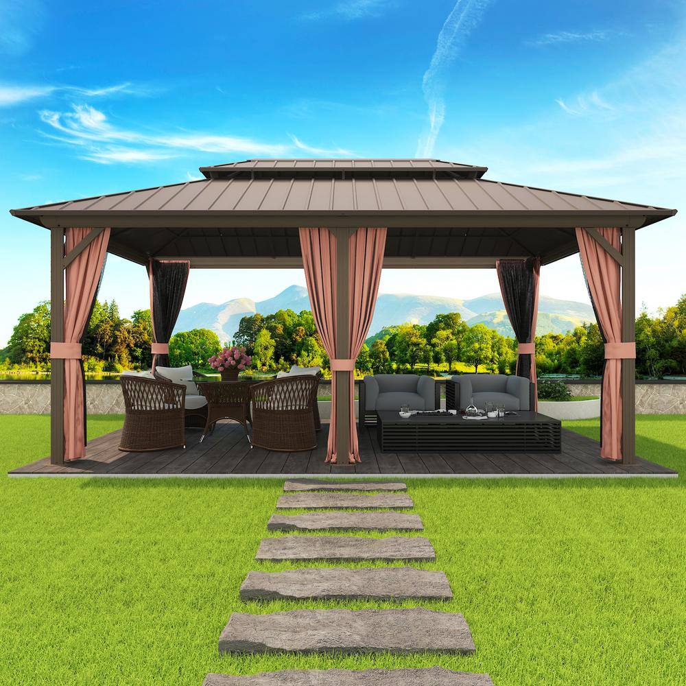 EAGLE PEAK 12x18 Brown Aluminum Frame Gazebo with Double Roof