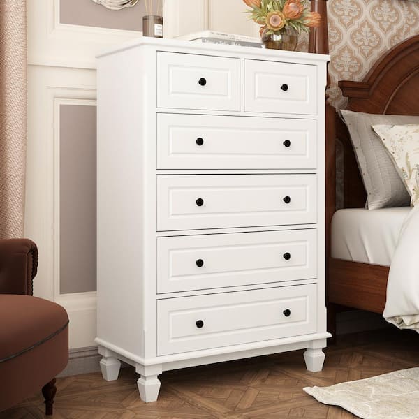 FUFU&GAGA 6-Drawers White Wood Dresser Storage Cabinet Organizer with Metal Leg 54 in. W x 15.6 in. D x 30.1 in. H