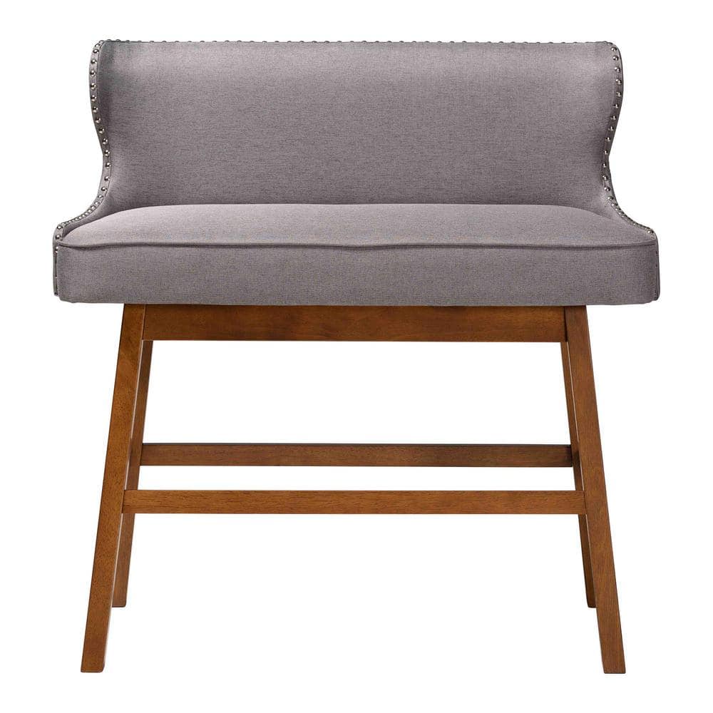 Gray Fabric Button-Tufted Bar Bench with Walnut Legs