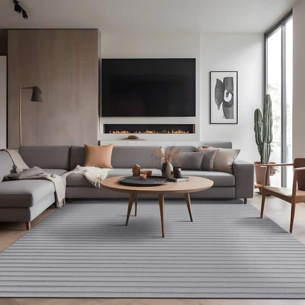 UltraPlush Touch 8 ft. x 10 ft. Grey Non-Slip Rubber Back Washable Polyester Stripes Indoor Area Rug
