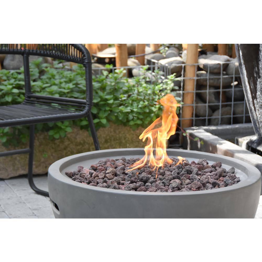 Gray Round Concrete Gas Fire Pit Table with Lava Rocks