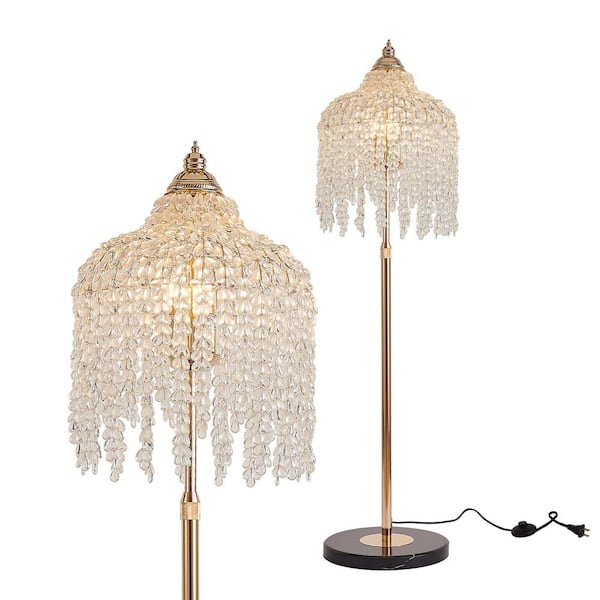 Lasaideal 63 in. Gold Standard Floor Lamp with Crystal Teardrop Beaded String Shade and Marble Texture Base