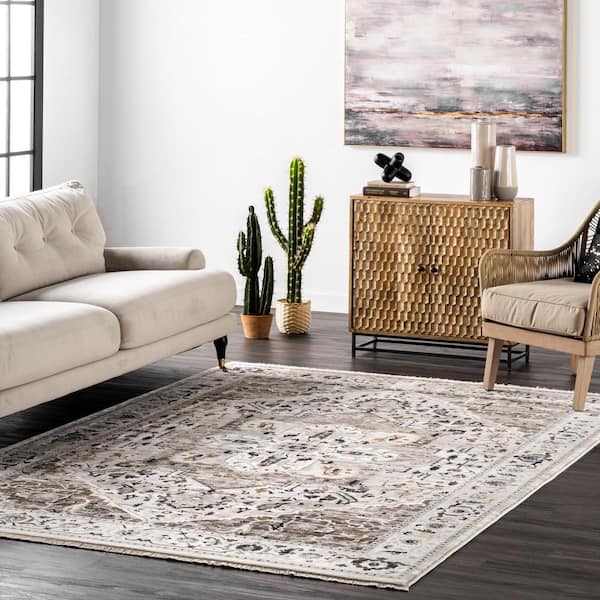 Oliveira Floral Medallion Fringe Beige 5 ft. 3 in. x 7 ft. 7 in. Indoor Area Rug