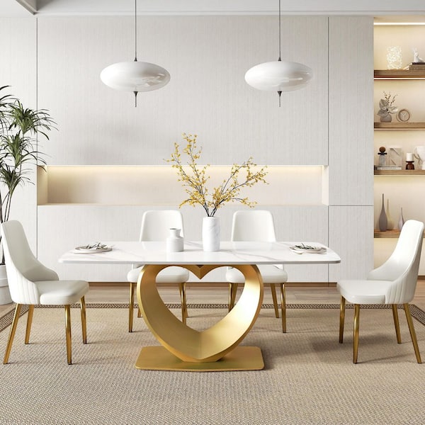 70.8 in. White Rectangle Round Edge Sintered Stone Top Pedestal Pandora Gold Metal Base Dining Table (Seats-8)