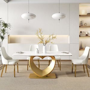 70.8 in. White Rectangle Round Edge Sintered Stone Top Pedestal Pandora Gold Metal Base Dining Table (Seats-8)