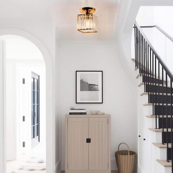 6 in. 1-Light Gold Square Crystal Semi Flush Mount Ceiling Light for Foyer Closet Entryway Kitchen Bedroom Dining Room