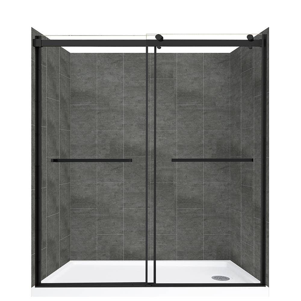 CRAFT + MAIN Lagoon Double Roller 60 in L x 32 in W x 78 in H Right Drain Alcove Shower Stall Kit in Slate and Matte Black Hardware, Carrara White -  GFS6032LGMB-SLR