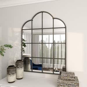 48 in. x 36 in. Window Pane Inspired Arched Framed Black Wall Mirror with Arched Tops and Studs