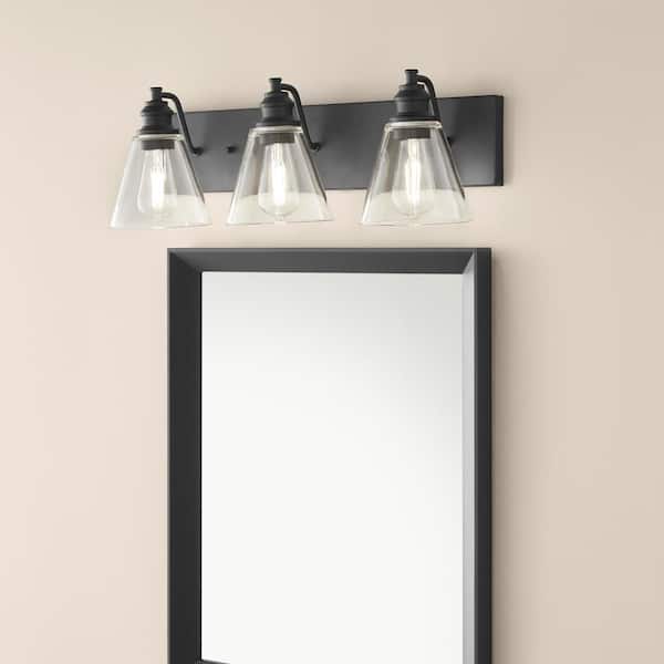 Hampton Bay Manor 24 in. 3-Light Matte Black Industrial Bathroom Vanity Light with Clear Glass Shades