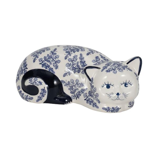 Liv & Skye Blue 9 in. x 4 in. Ceramic Cat Chinoiserie Vintage Style Figurine