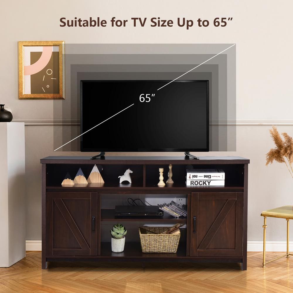 Coffee Brown 59'' Wood TV Stand with Fireplace Cabinet