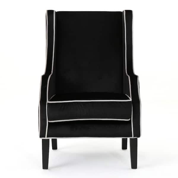 Noble House Eddison Traditional Black Velvet Club Chair with Pearl Accent Piping