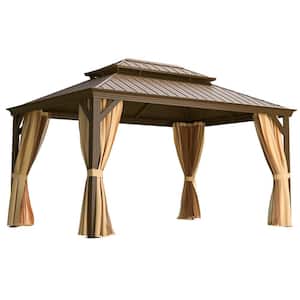 10 ft. x 14 ft. Gazebo, Wooden Finish Coated Aluminum Frame Gazebo with Double Roof, Curtains and Nettings Included