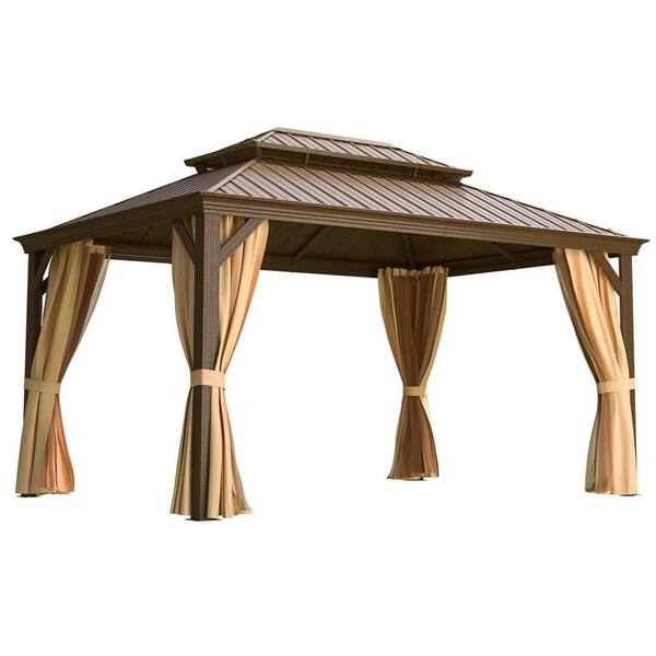 Unbranded 10 ft. x 14 ft. Gazebo, Wooden Finish Coated Aluminum Frame Gazebo with Double Roof, Curtains and Nettings Included