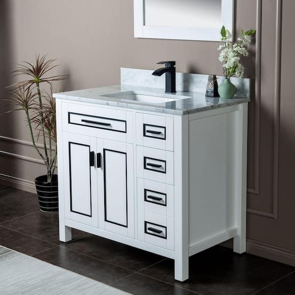Millan 37 in.W x 22 in.D x 38 in.H Bath Vanity in White with Marble Vanity Top in White with White Sink
