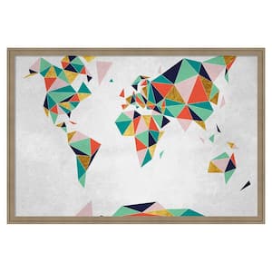 Geometric World Map by Inner circle 38 in. x 26 in. Florence Light Brown Polystyrene Framed Fabric Pinboard Memo Board