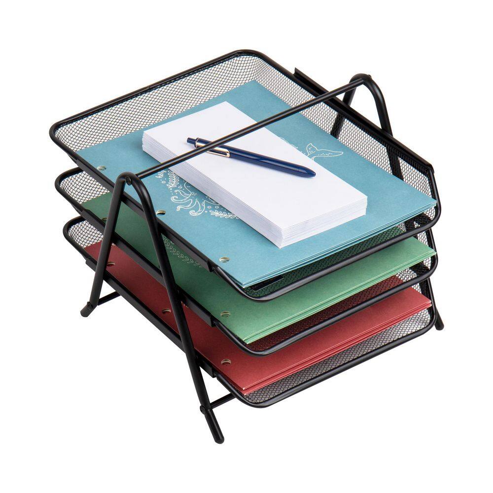 Black Metal Mesh 3-Tier Letter Tray Organizer, Set of 2