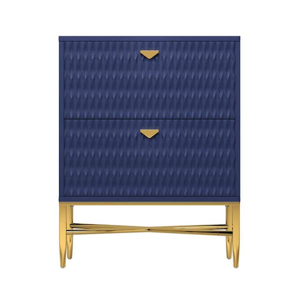Blue 2 Drawers MDF Nightstand with Golden Handles and Legs