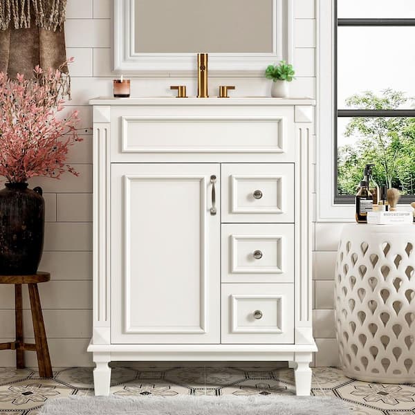 24 in. W Single Sink Freestanding White Bath Vanity with White Ceramic Top and 2 Drawers on the Right, Unassembled