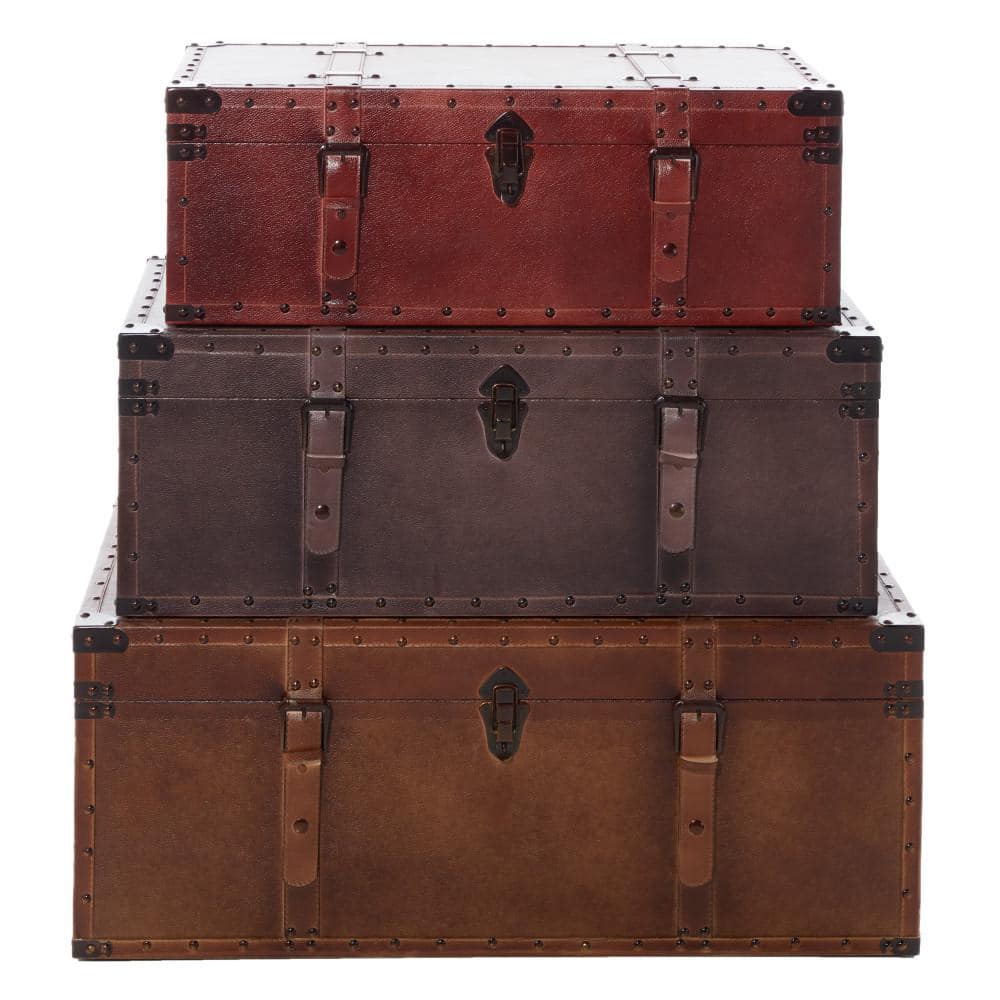 DecMode Rustic Wood Stacked Style Storage Trunk, Set of 3 32", 29", 26"W with Red, Taupe Brown, and Tan Finish