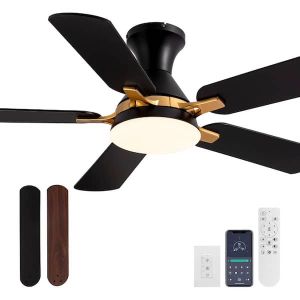 42 in. Indoor Modern Black and Brown Blades Standard Flush Mount Low Profile Ceiling Fan with Integrated LED and Remote