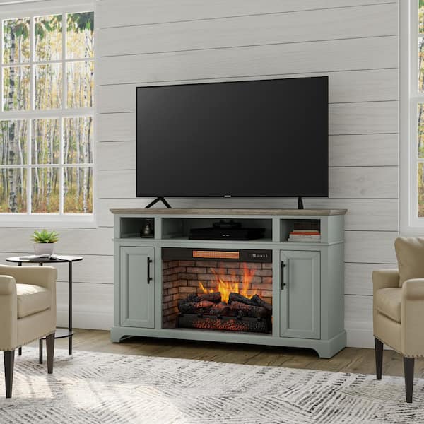 Home Decorators Collection Hillrose 52 in. Freestanding Electric Fireplace TV Stand in Pale Mint with Rustic Taupe Oak Top