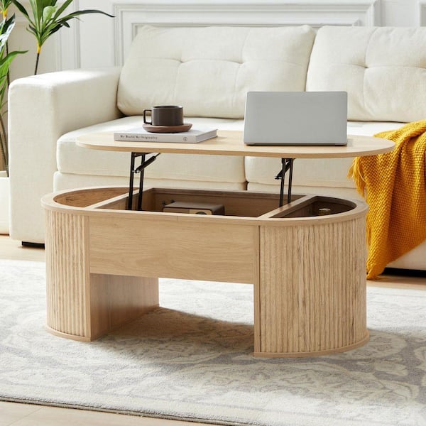 ATHMILE 39.37-inch Natural oval MDF Coffee Table with Storage