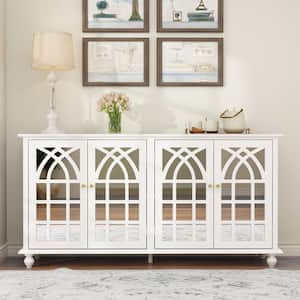 White Wooden 63 in. W, Mirrored MDF Sideboard, Accent Strorage Cabinet with 4 Shelves and 4 Elegant Feet