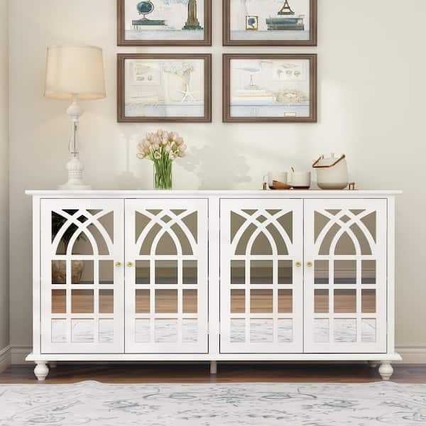 FUFU&GAGA White Wooden 63 in. W, Mirrored MDF Sideboard, Accent Strorage Cabinet with 4 Shelves and 4 Elegant Feet