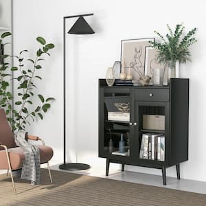 Black Wooden 31.5 in. Kitchen Buffet Server Sideboard Accent Cabinet with 2 Tempered Glass Doors and Drawer