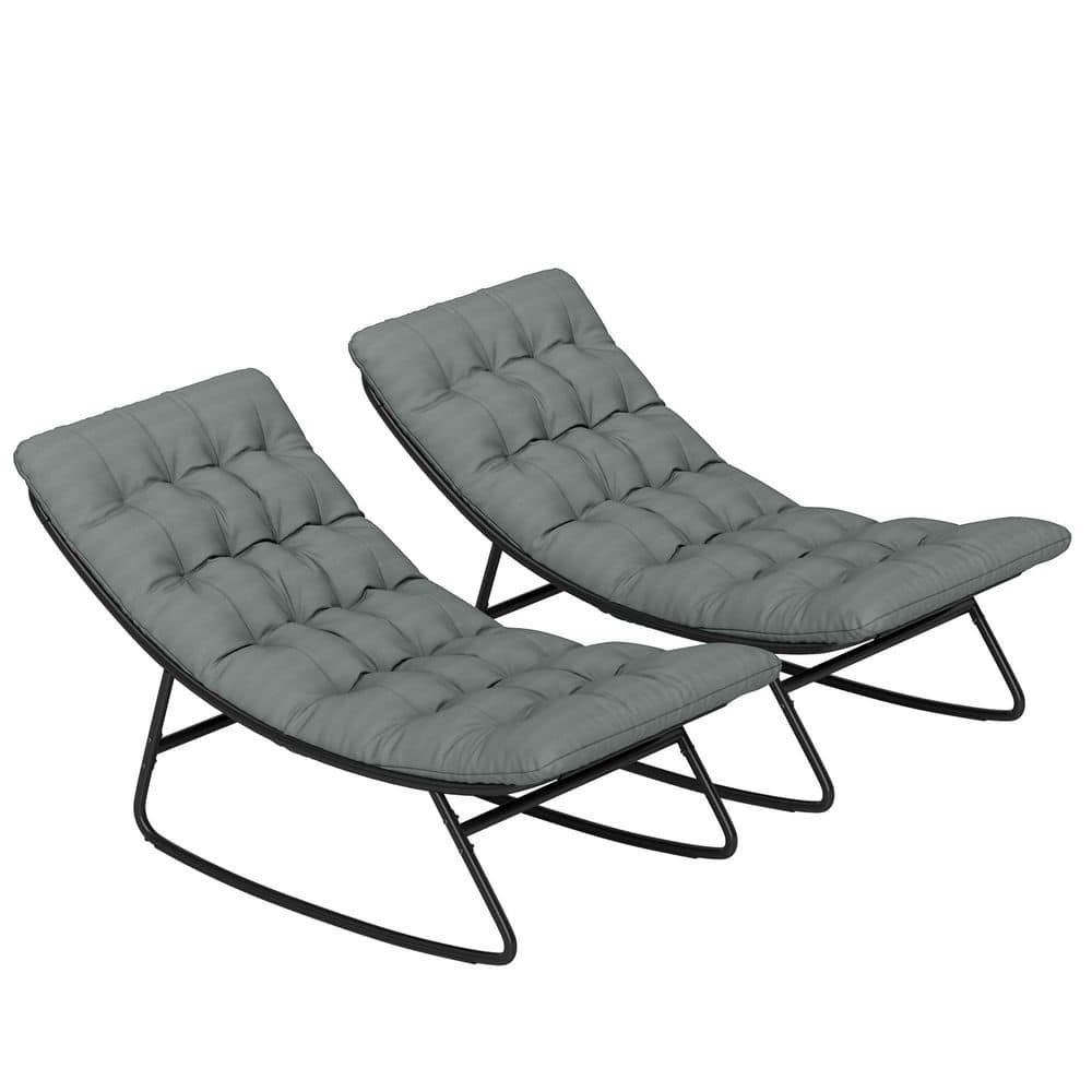 2-Piece Metal Outdoor Lounge Chairs Patio Rocking Chairs with Thick Gray Cushions for Indoor Porch Deck Balcony