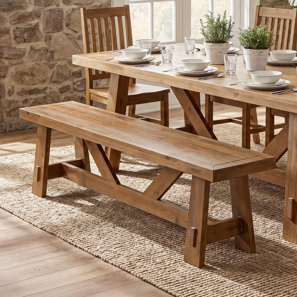 Brown 55.12 in. Solid Wood Dining Bench, Farmhouse Bench for Dining Room, Kitchen