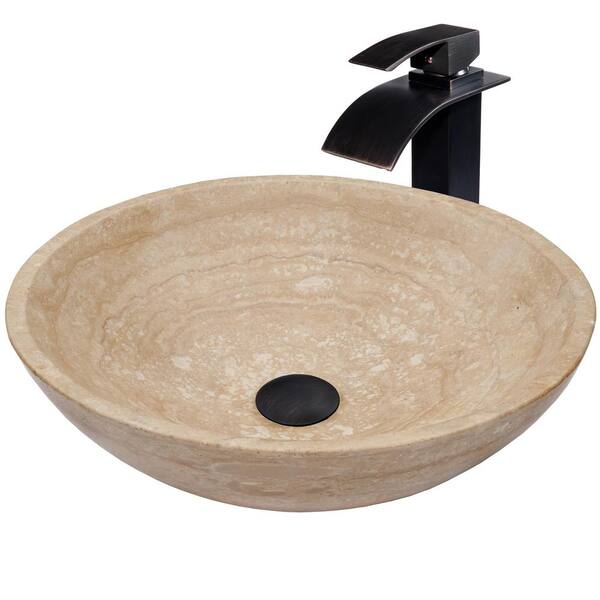 Novatto Beige Travertine Stone Vessel Sink Set, Oil Rubbed Bronze