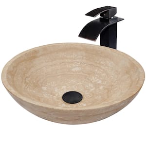 Beige Travertine Stone Vessel Sink Set, Oil Rubbed Bronze