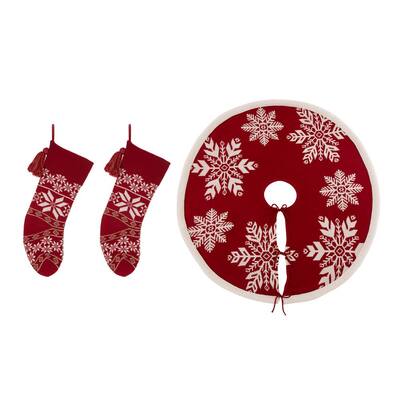 Set of 3 Knitted Acrylic Christmas Decoration (48 in. Tree Skirtand 24 in. Stocking ) Snowflake