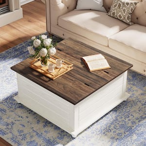Kerlin 35.43 in. White and Brown Square Wood Coffee Table, Farmhouse Cocktail Table Center Accent Table for Living Room