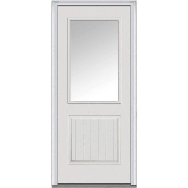 MMI Door 32 in. x 80 in. Clear Left-Hand 1/2 Lite 1-Panel Planked Classic Primed Fiberglass Smooth Prehung Front Door