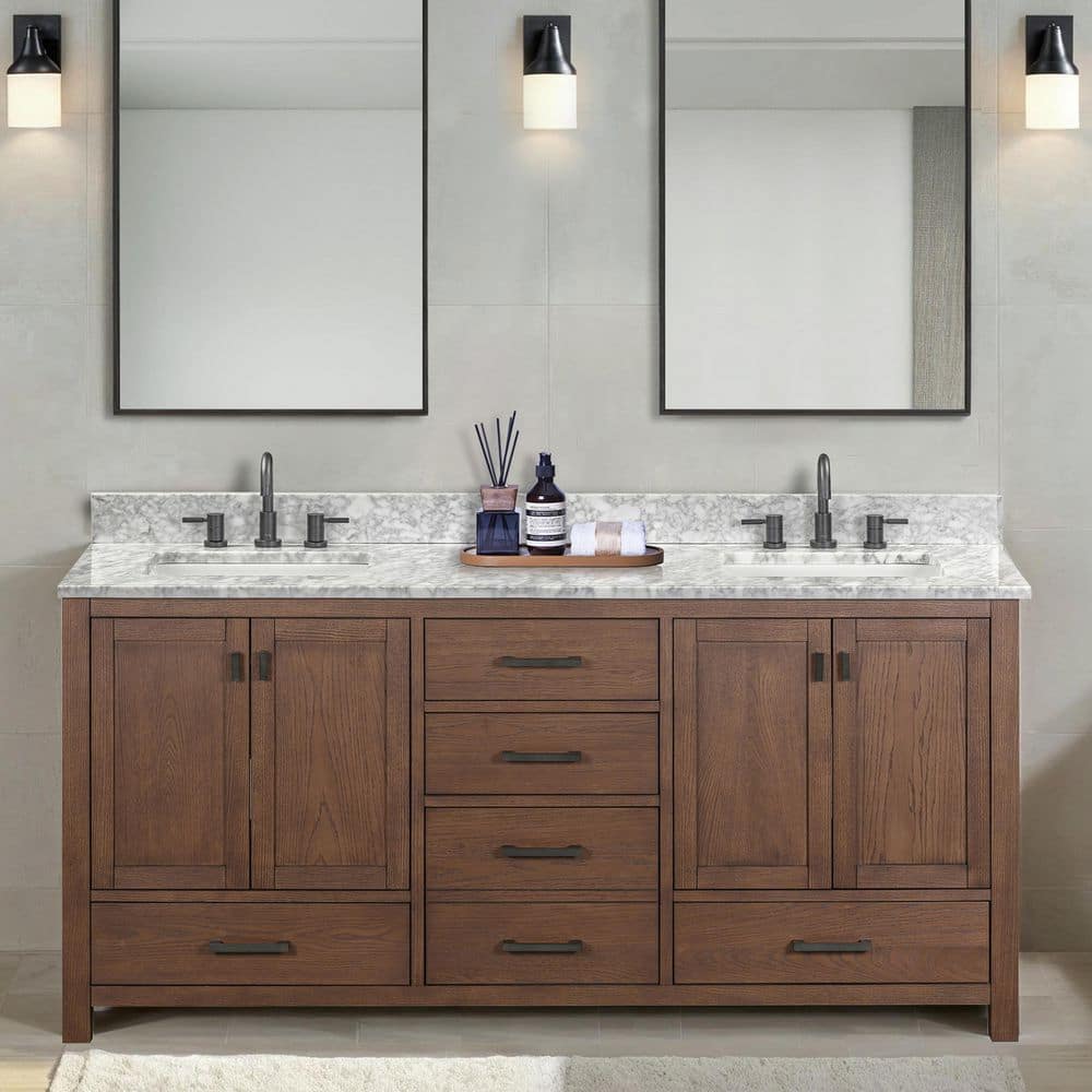 Modero 73 in. Double Sink Mocha Oak Bath Vanity with Carrara White Marble Top price history on PriceWatchPro